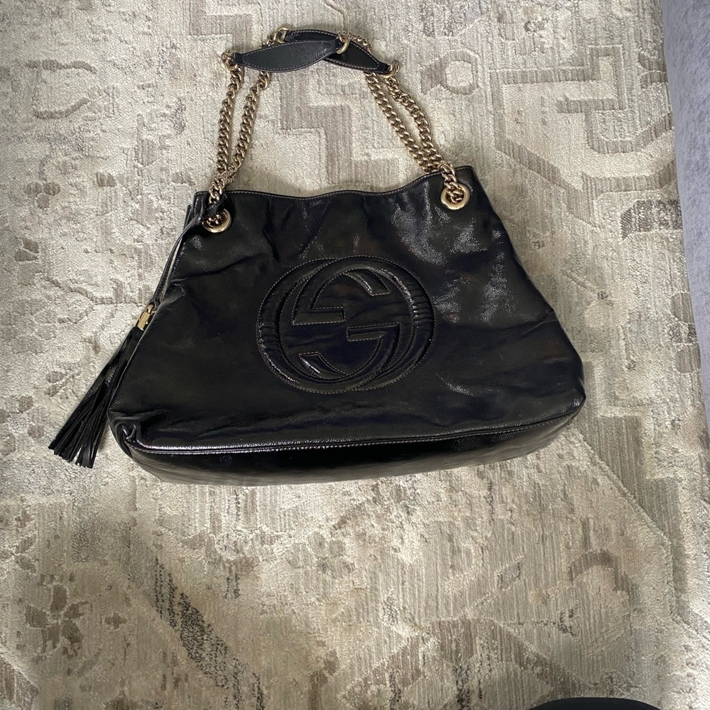 Gucci Soho Black Cellarius GG Logo Leather Chain Tote Bag